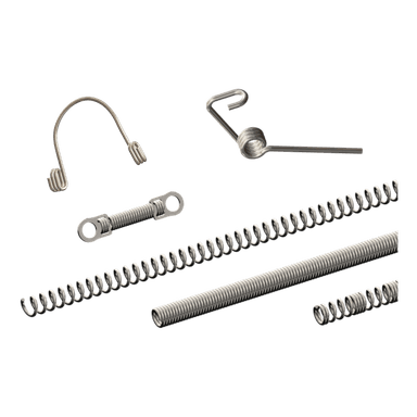 Assortment of orthodontic springs on a white background, including an open loop separating spring, a coiled uprighting spring with an extended lever arm, an extension spring with eyelet ends, and three lengths of open coil spring.