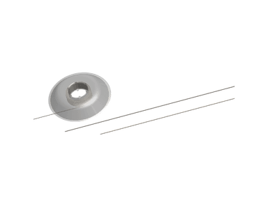 Circular bobbin package dispensing orthodontic straight cut wire with two additional straight wire lengths shown to the right.