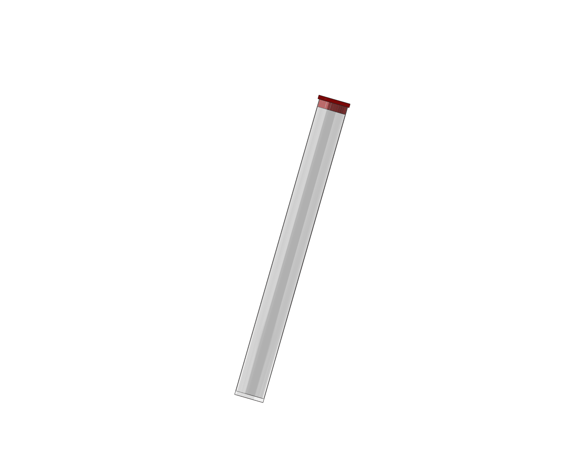 Long clear cylindrical packaging tube shown at an angle with a red cap on the upper end.