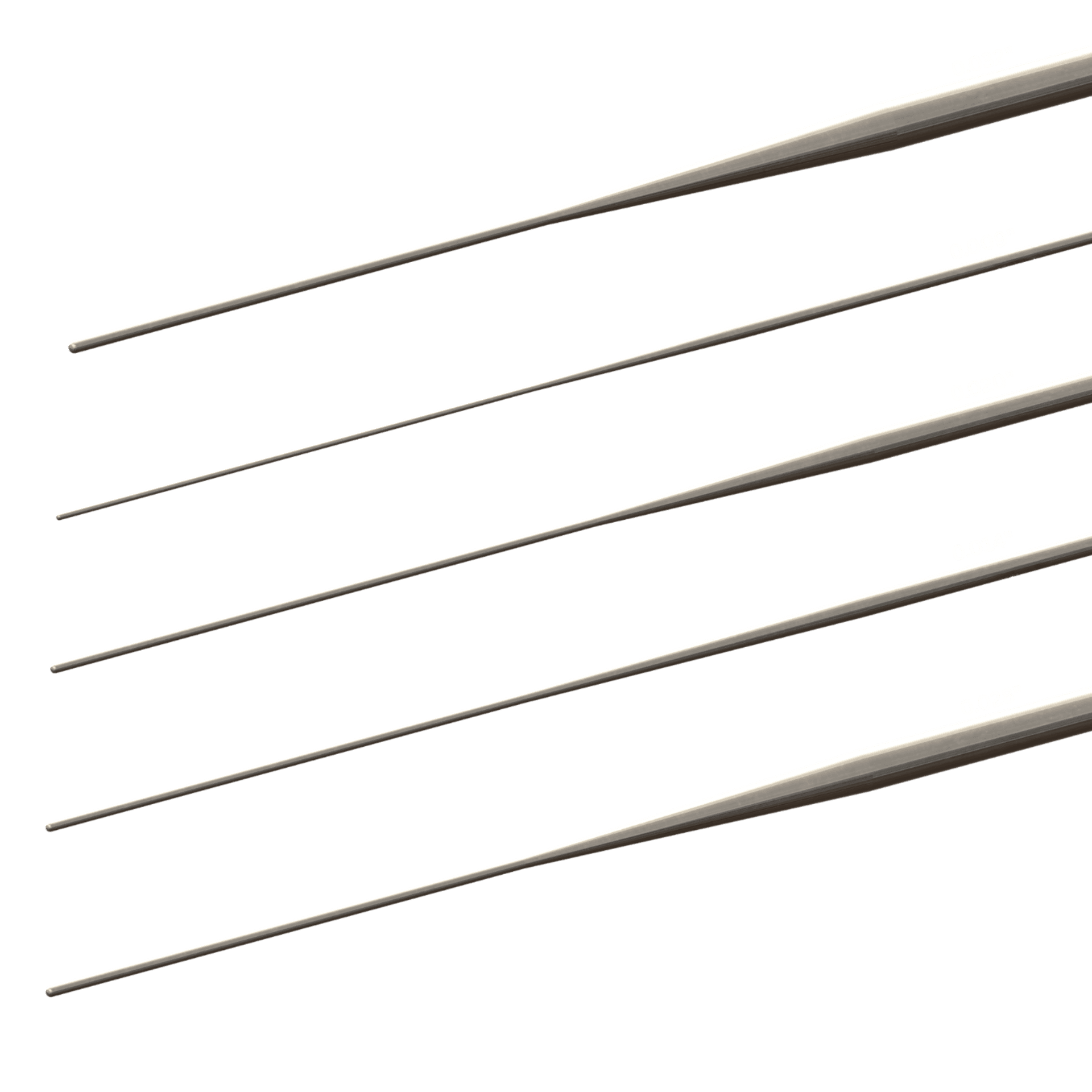Five tapered medical core wires on a black background with labeled diameters of 0.032 inch, 0.009 inch, 0.020 inch, 0.014 inch and 0.028 inch.