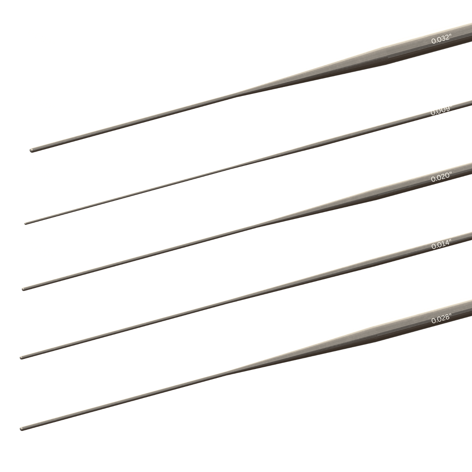 Five medical core guidewires with labeled diameters 0.032 inch 0.009 inch 0.020 inch 0.014 inch and 0.028 inch.