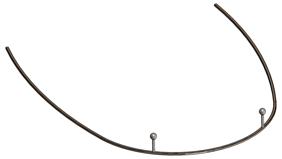 Orthodontic archwire facing right with a smooth symmetrical curve and two vertical posts with ball tops positioned near the front on both sides.