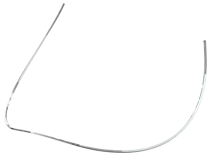 Orthodontic reverse curve metal arch wire featuring an upward curve at the front and back and a downward curve through the middle.