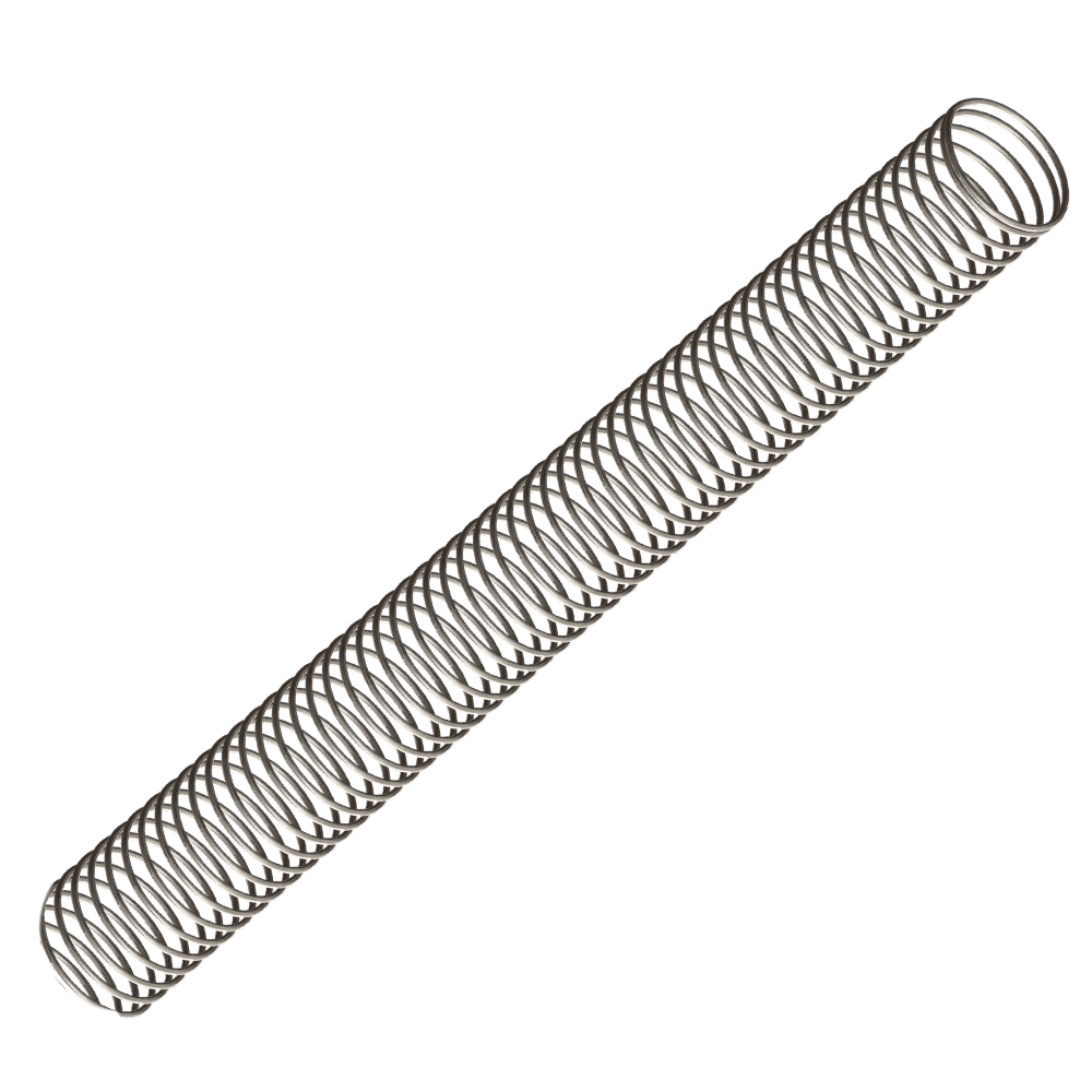 Long continuous stainless coil wound at a uniform pitch, running corner to corner across the frame.