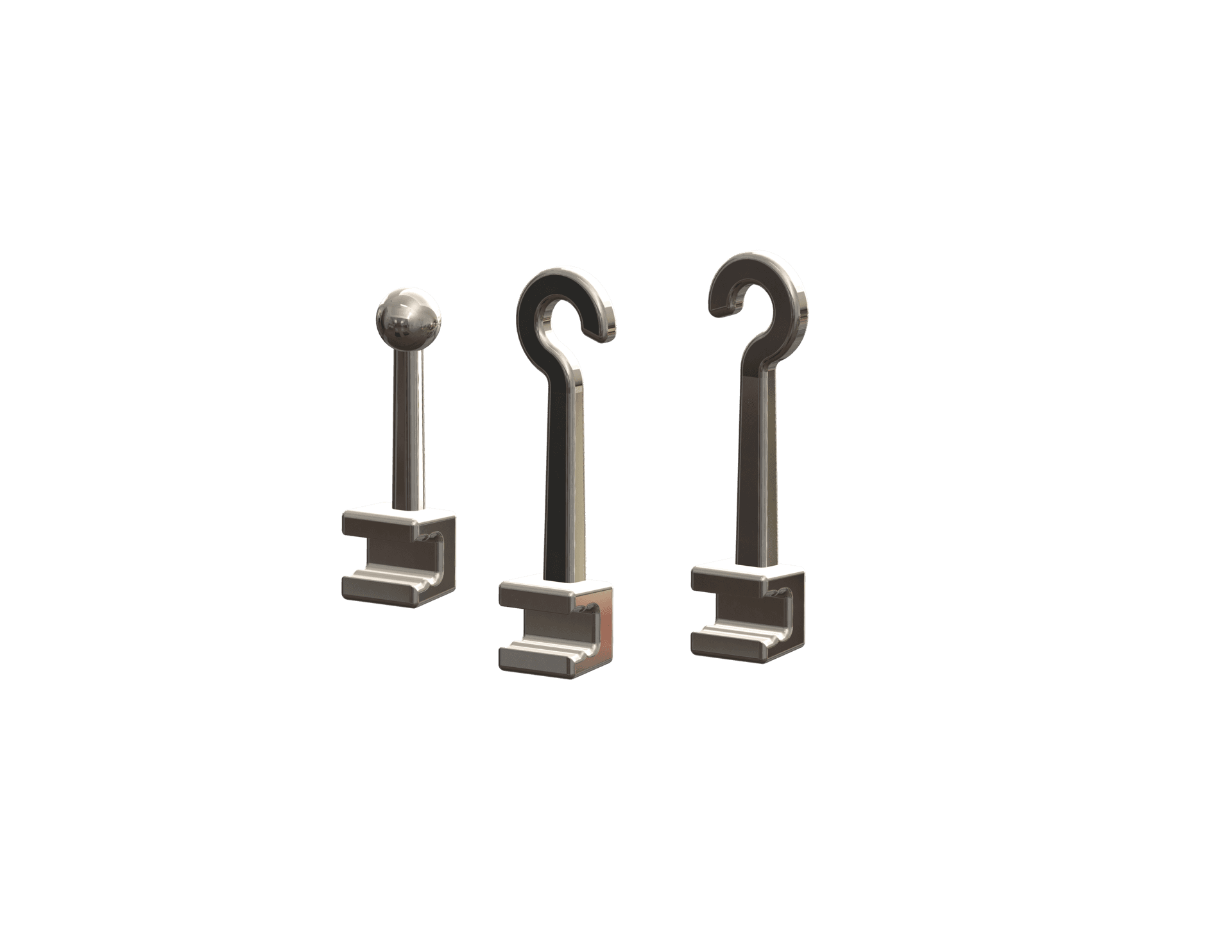 Three orthodontic hooks extending from square bases with a rectangular slot opening, including a ball post hook, a left hook, and a right hook.