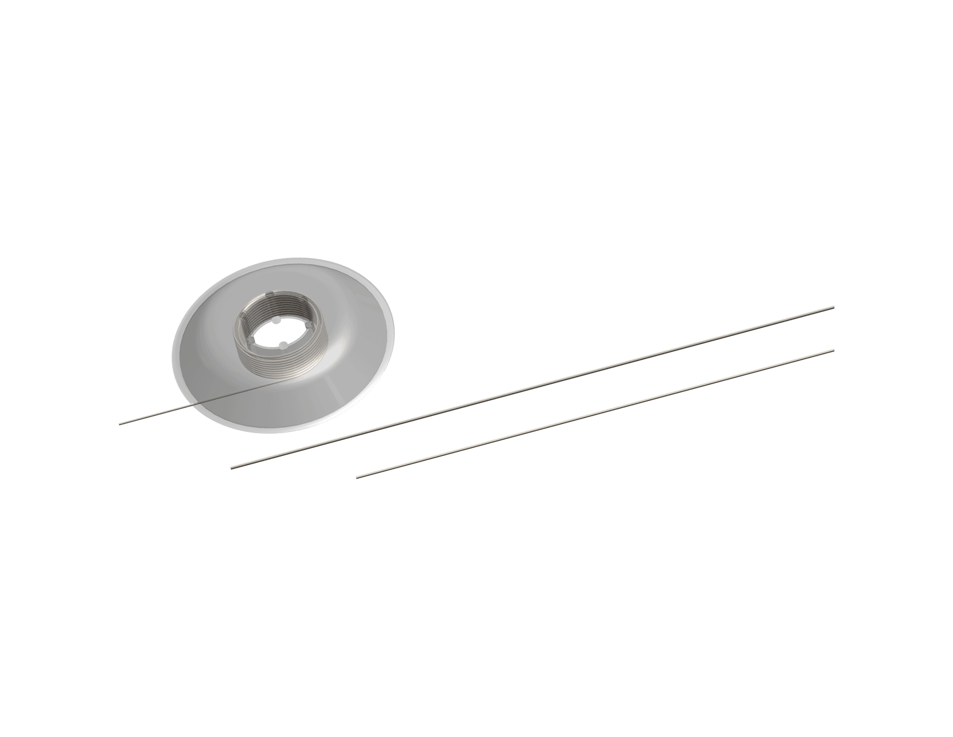 Circular bobbin package dispensing orthodontic straight cut wire with two additional straight wire lengths shown to the right.
