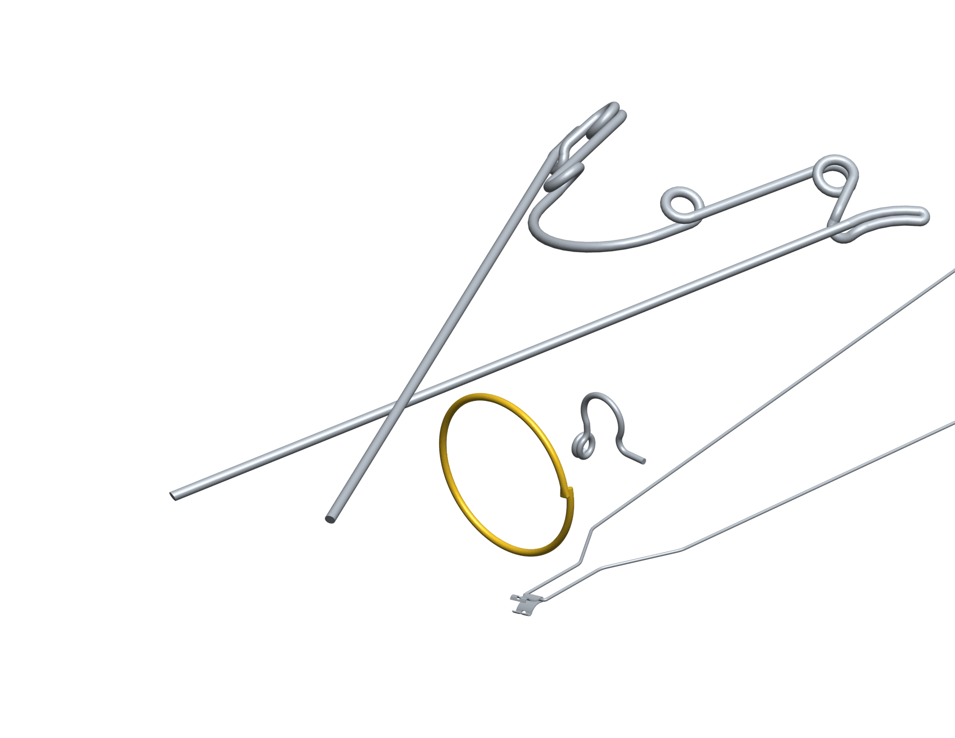 Assortment of orthodontic wireforms in stainless steel, including looped and bent wire appliances shown together on a white background.