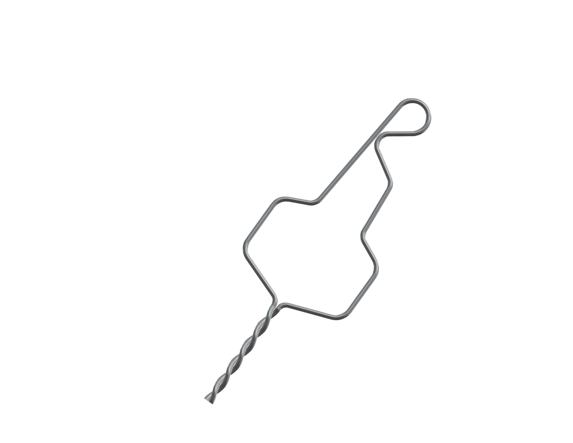 Short twisted Kobayashi ligature tie with an angular open wire body, a small round hook loop at the top, and a twisted tail at the base.