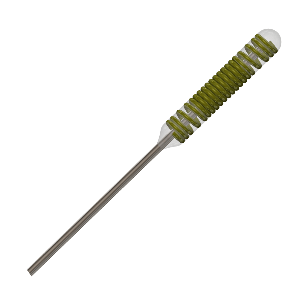 Distal section of a medical guidewire with an olive coil under a clear tip housing, positioned along the straight shaft.