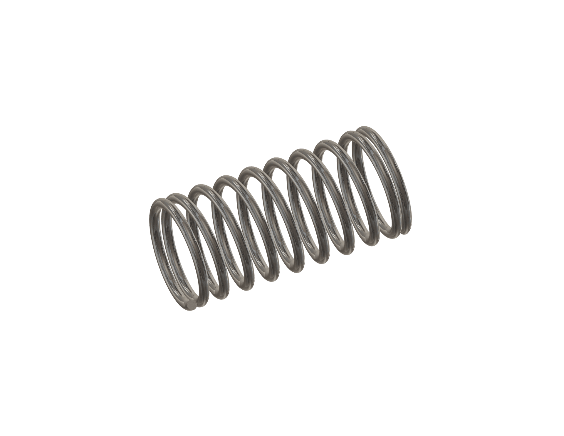 Commercial compression spring shown at an angle with evenly spaced open coils through the body and closed coils at both ends.