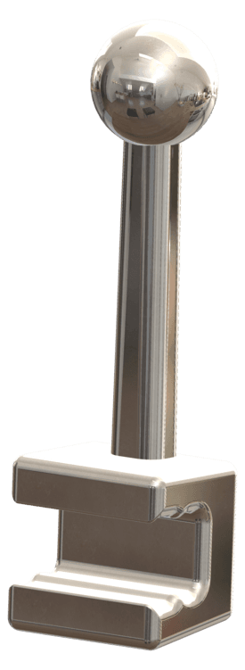 Crimpable orthodontic ball post shown upright with a polished spherical ball on a flat vertical column rising from a C shaped crimpable base.
