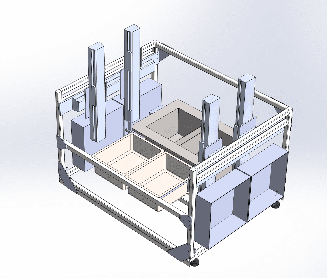 CAD render of a custom machine frame built from aluminum extrusion, with four vertical actuator columns above a work surface holding open bins and a lower cabinet on levelling feet.
