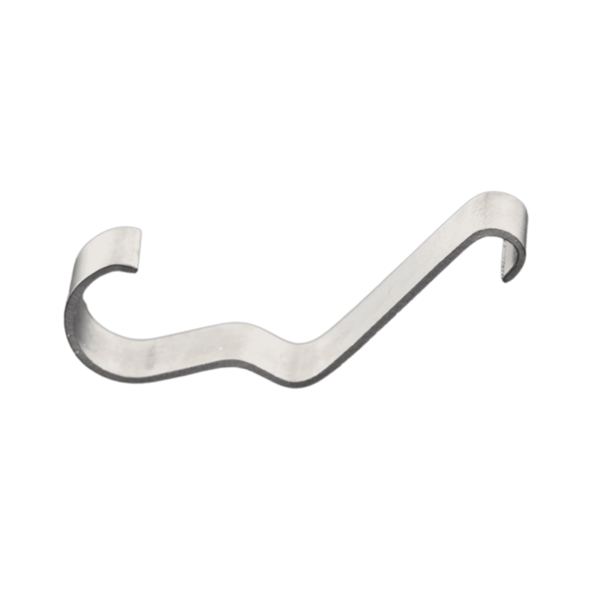Flat wire part with a downward curved hook on the left, a formed middle bend that changes direction, and an angled rise ending in a downward facing hook on the right end.