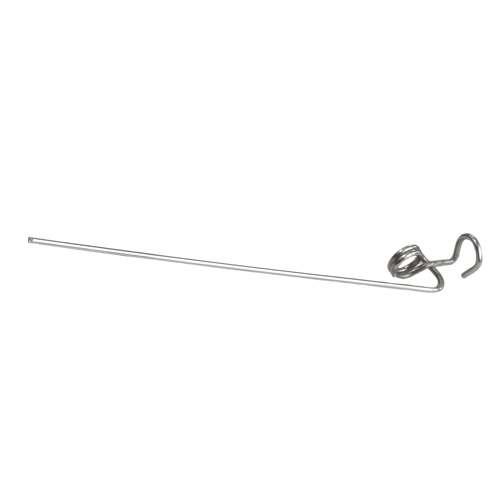 Round wire wireform featuring a long straight left section that bends inward into tightly wound coils and transitions into a stepped downward facing hook on the righ.