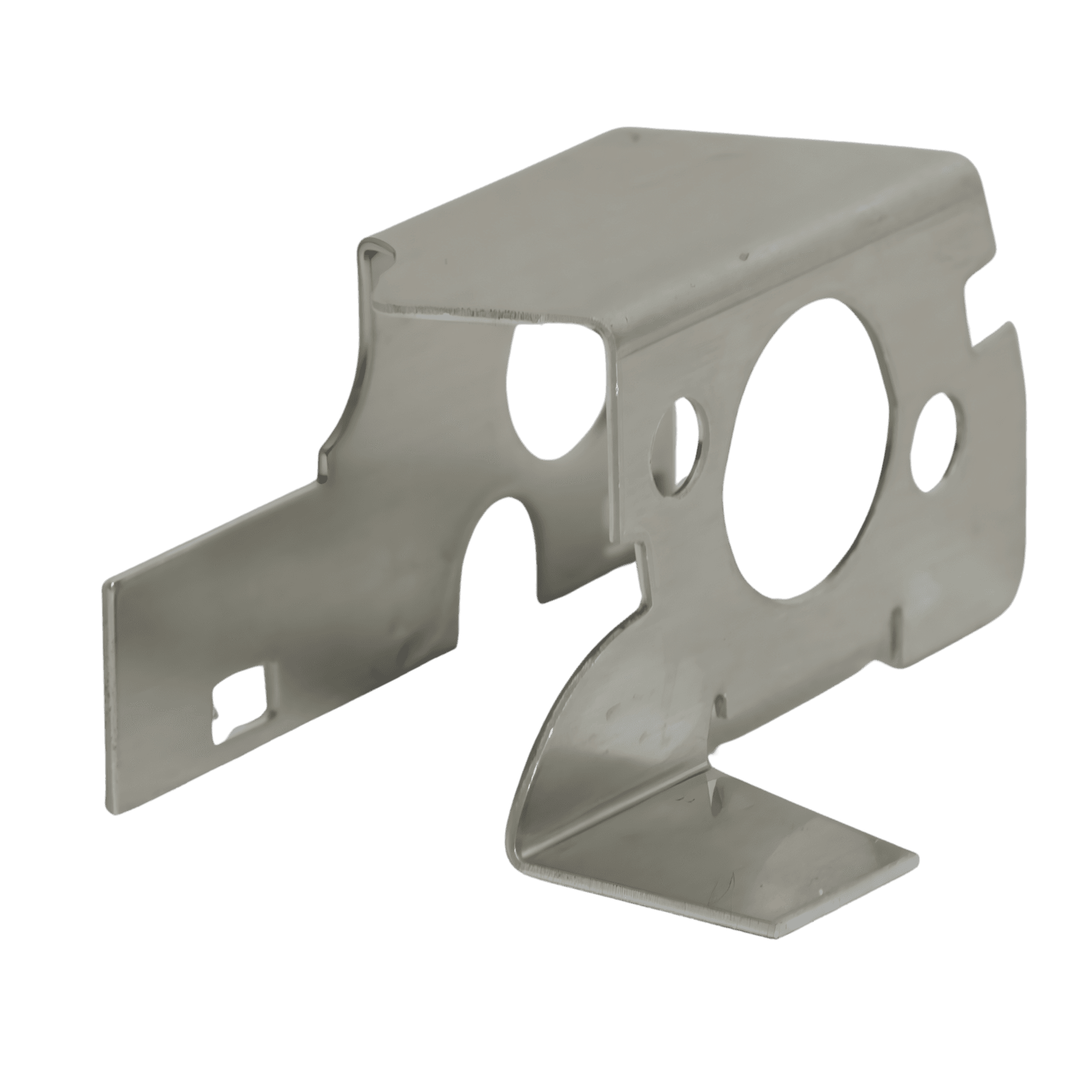 Formed stamped metal bracket with a flat top, vertical and angled walls, multiple circular cutouts, and a downward bent mounting foot at the base.