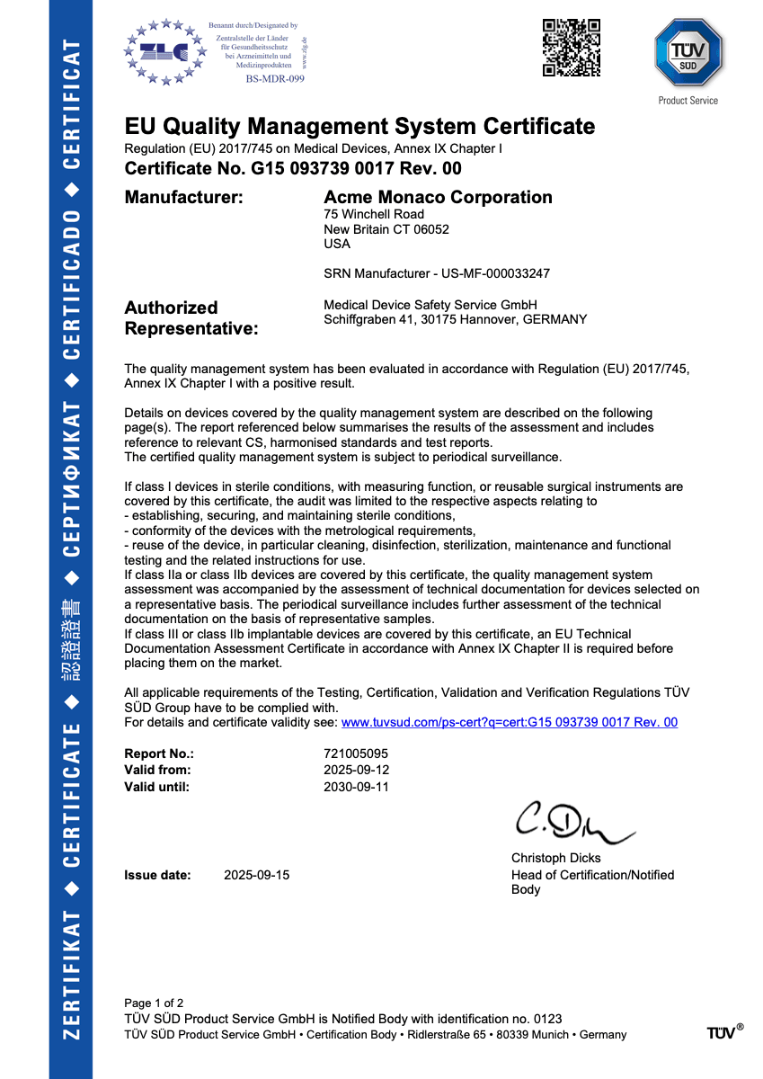 First page of the TÜV SÜD EU MDR quality management system certificate No. G15 093739 0017 Rev. 00 issued to Acme Monaco Corporation.