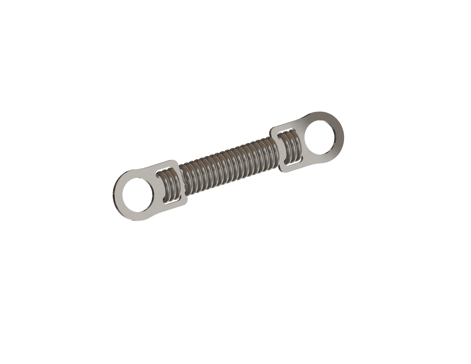 Orthodontic extension spring featuring a tightly coiled center section with round eyelets on both ends.