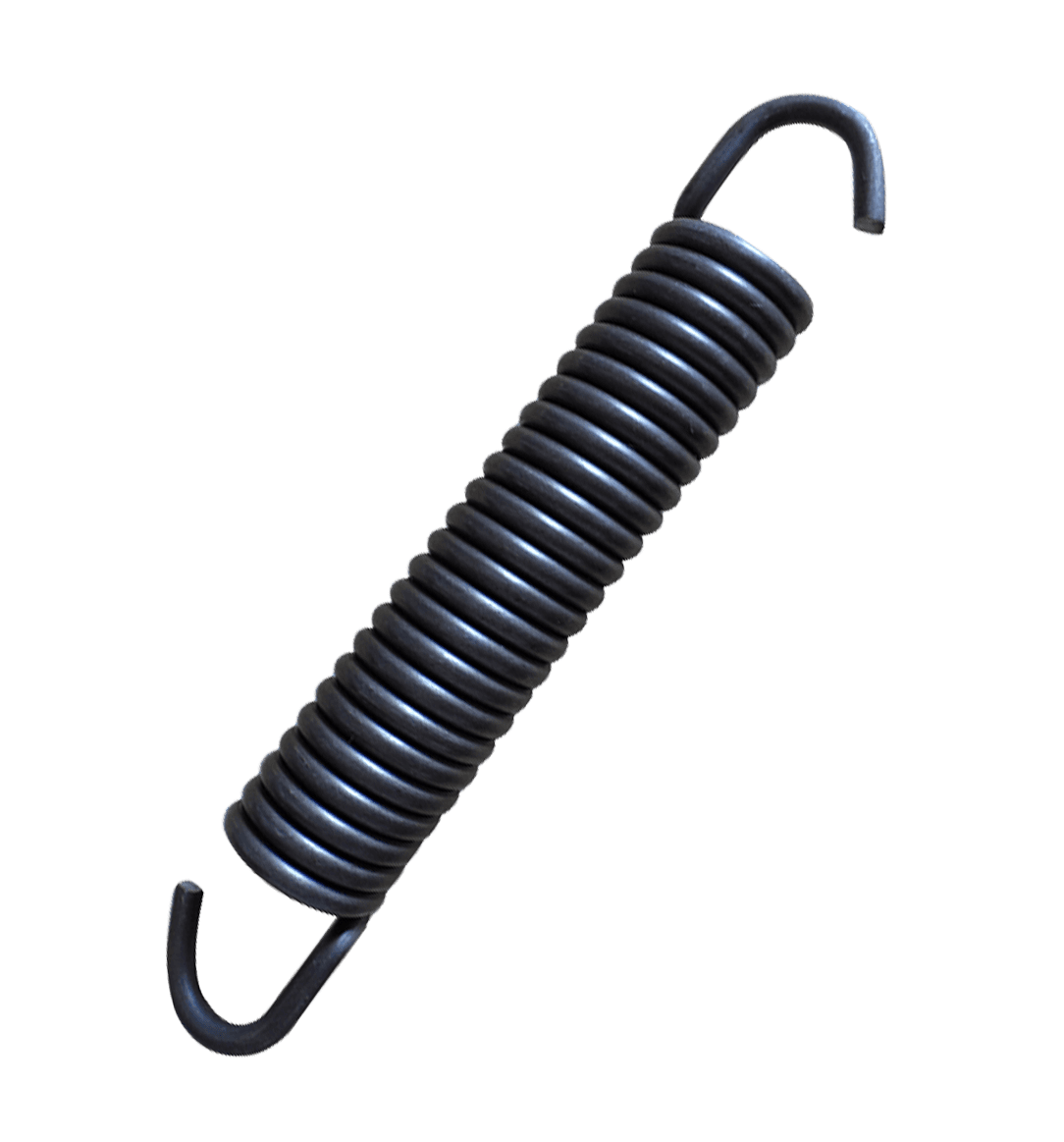 Black oxide commercial extension spring with tightly wound coils and a machine loop at each end, shown at an angle against a background of straightened wire.
