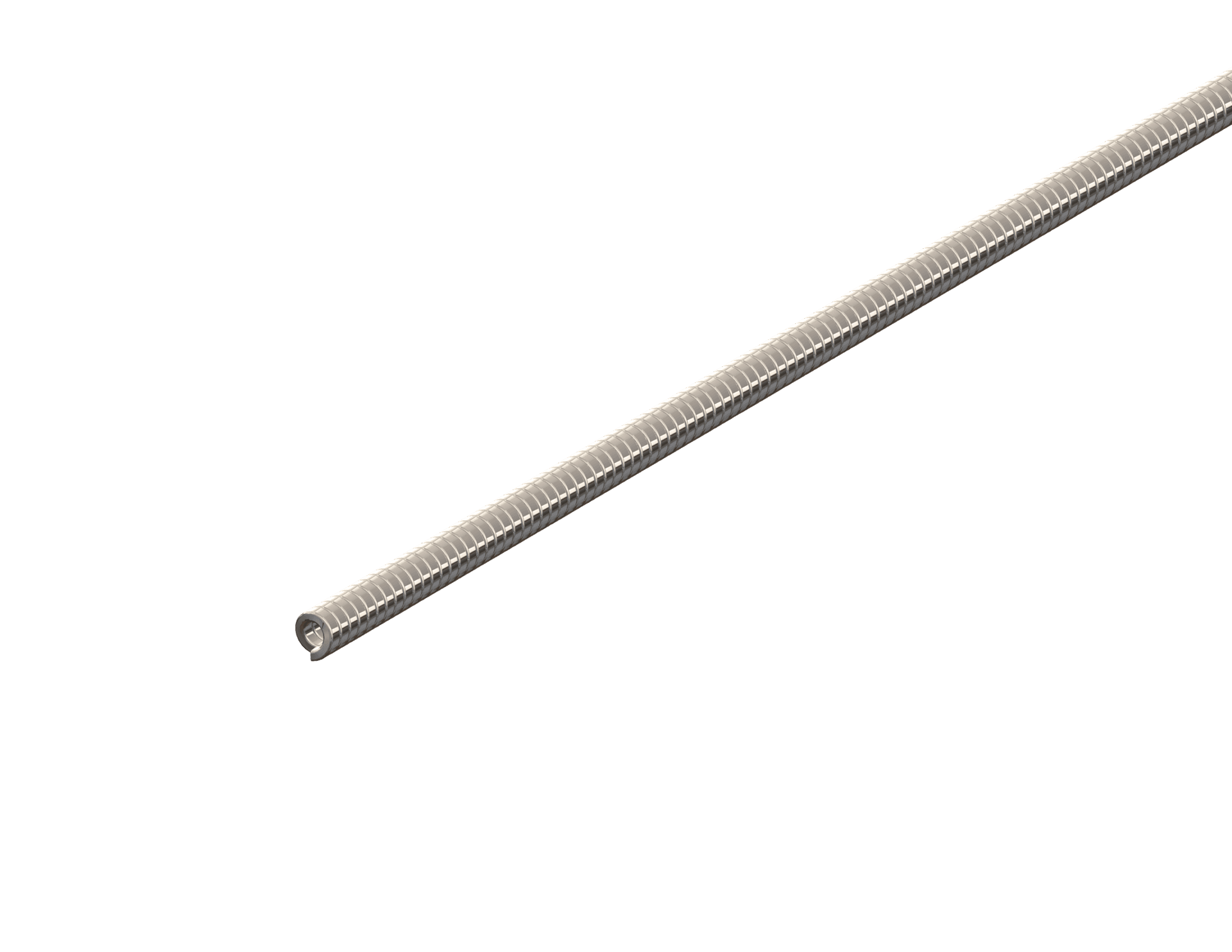 Flat wire medical coil running diagonally with closely spaced ribbon turns forming a smooth outer surface and an open lumen visible at the near end.