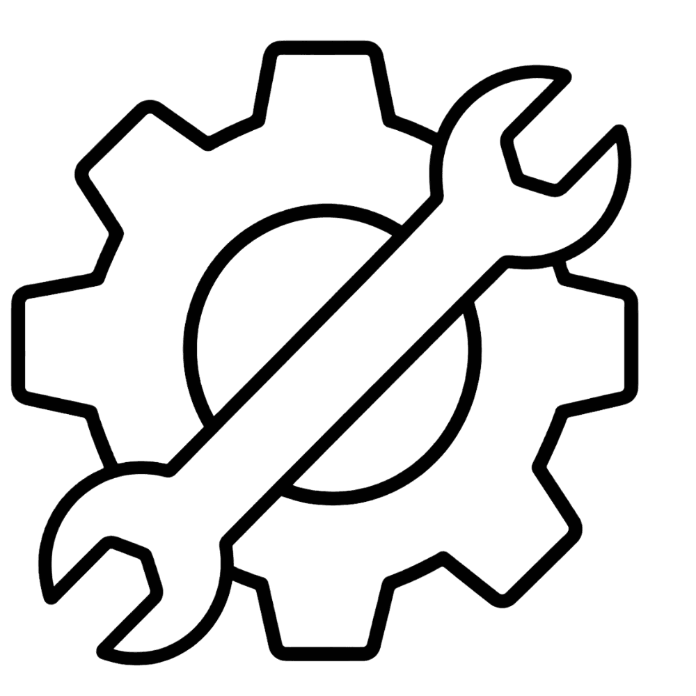 Line icon of an open-end wrench crossed over a gear.