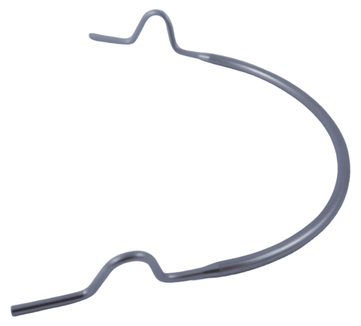 Orthodontic inner bow formed from round stainless steel wire in a wide U shape with a small raised bend near each end and straight tapered legs.