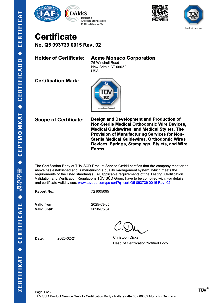 First page of the TÜV SÜD ISO 13485 certificate No. Q5 093739 0015 Rev. 02 issued to Acme Monaco Corporation.