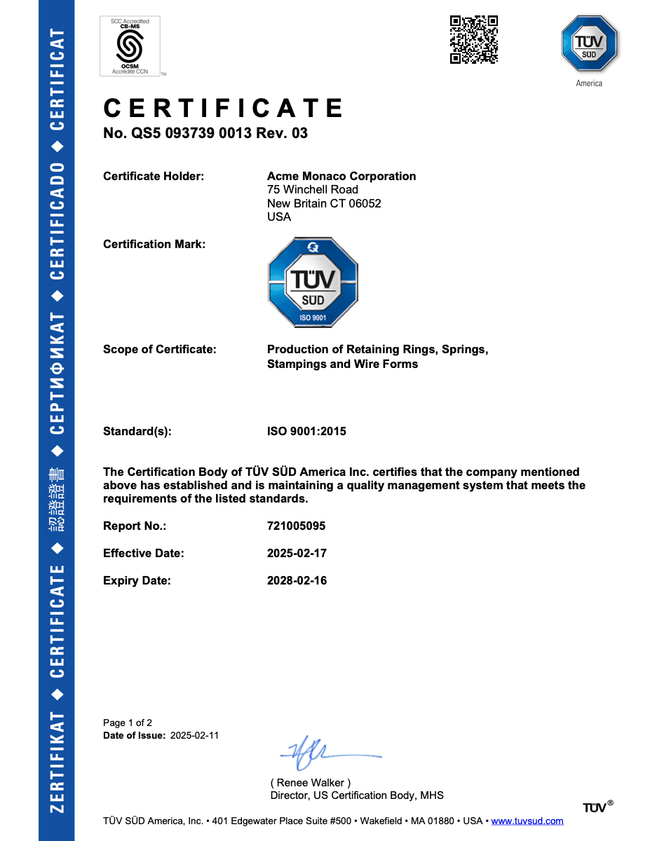 First page of the TÜV SÜD America ISO 9001:2015 certificate No. QS5 093739 0013 Rev. 03 issued to Acme Monaco Corporation.