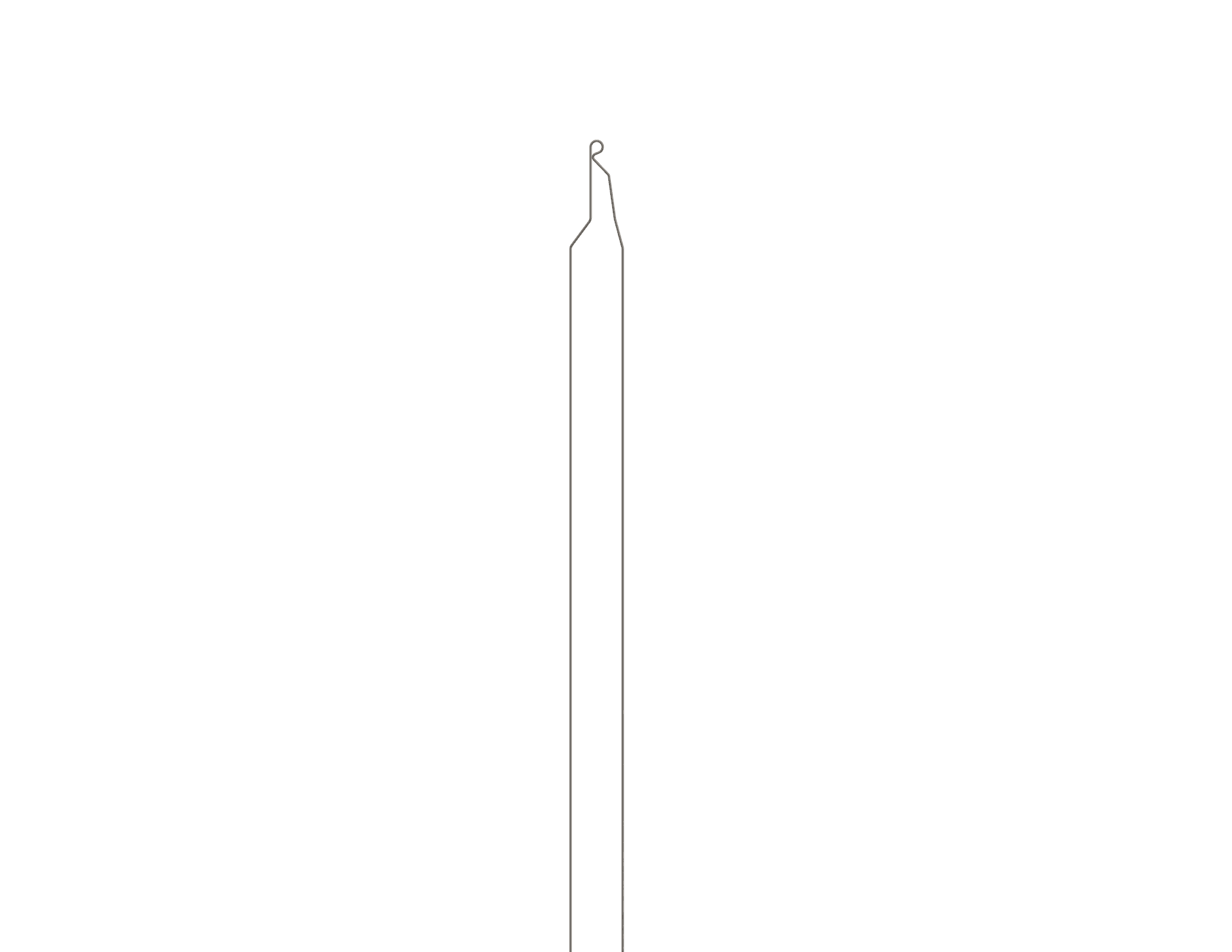 Long welded Kobayashi ligature tie positioned vertically as a narrow elongated wire loop with a small round hook coiled at the top.