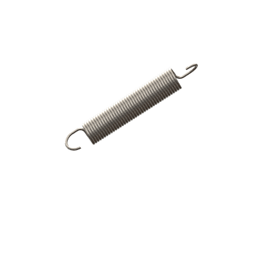 Medical extension spring with a uniform coil body and two opposing hooked ends oriented in different directions.