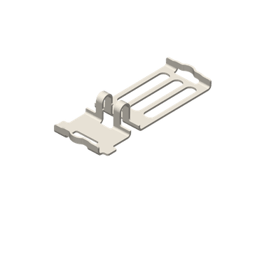 Metal medical stamped part featuring a flat profile that slightly lifts at both ends, three elongated slots on the right side, and a curved raised middle section.
