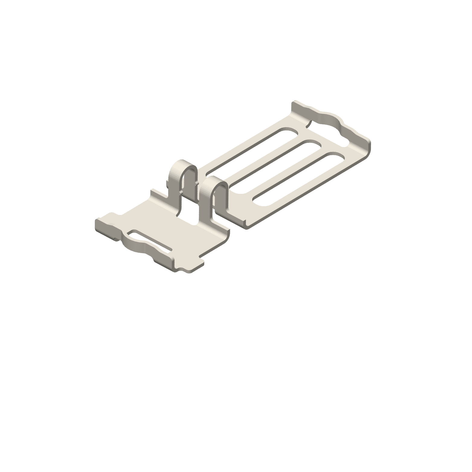 Metal medical stamped part featuring a flat profile that slightly lifts at both ends, three elongated slots on the right side, and a curved raised middle section.