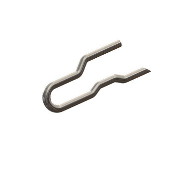 Medical wireform featuring a curved profile with an upward and downward bend along the bottom, a slight stepped bend on the top, and open ends, with one end diagonally cut.
