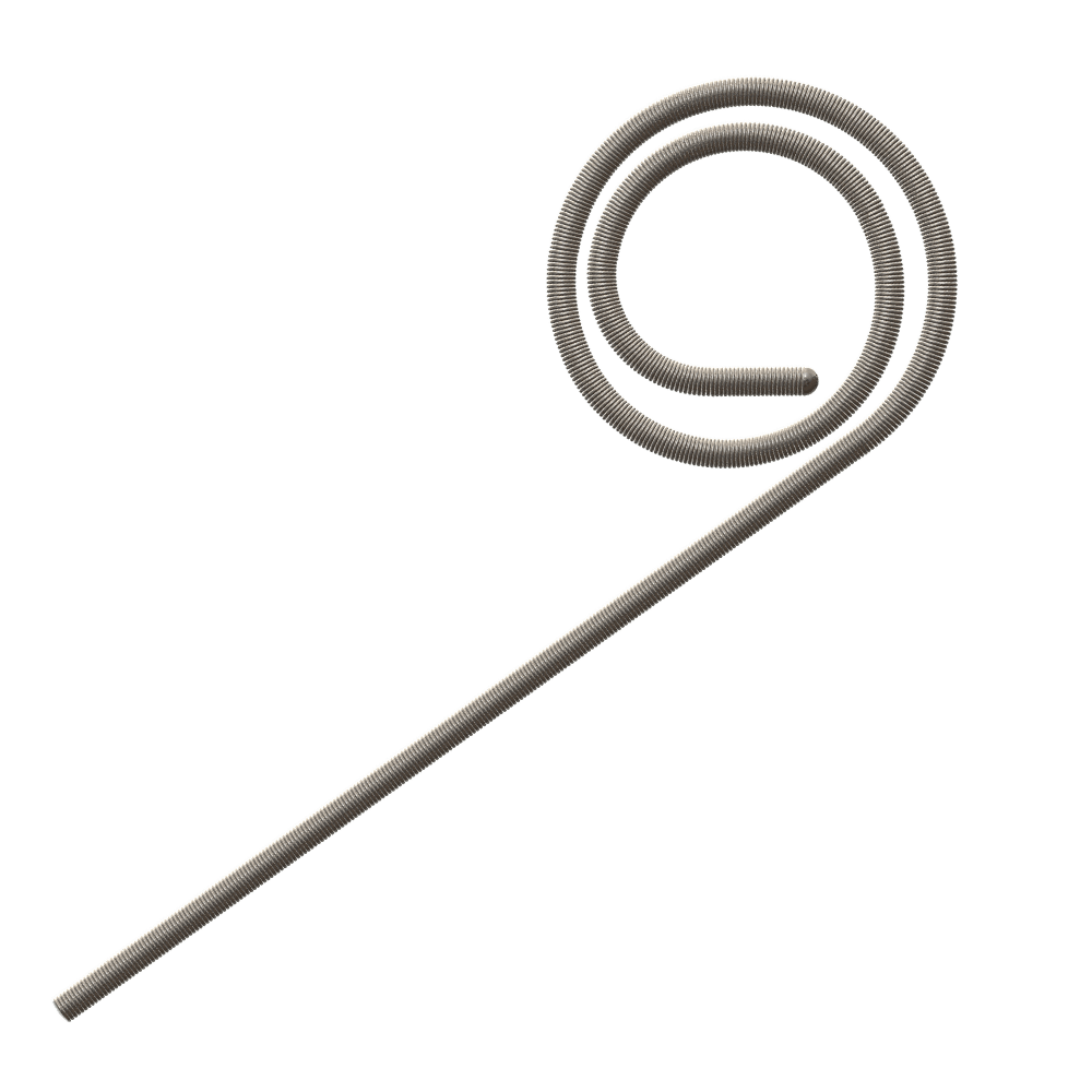Coiled guidewire heat set into a spiral pigtail tip, with a long straight coiled section leading into the spiral.