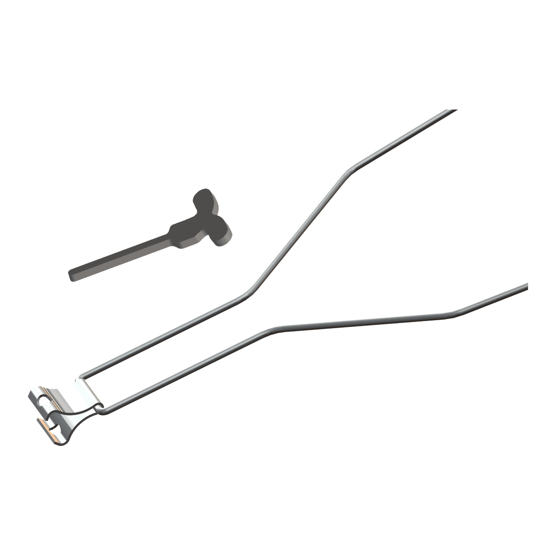 Two orthodontic stamped components on a white background: a small dark power pin with a T shaped head, and a wire assembly with a stamped bracket attachment at one end.