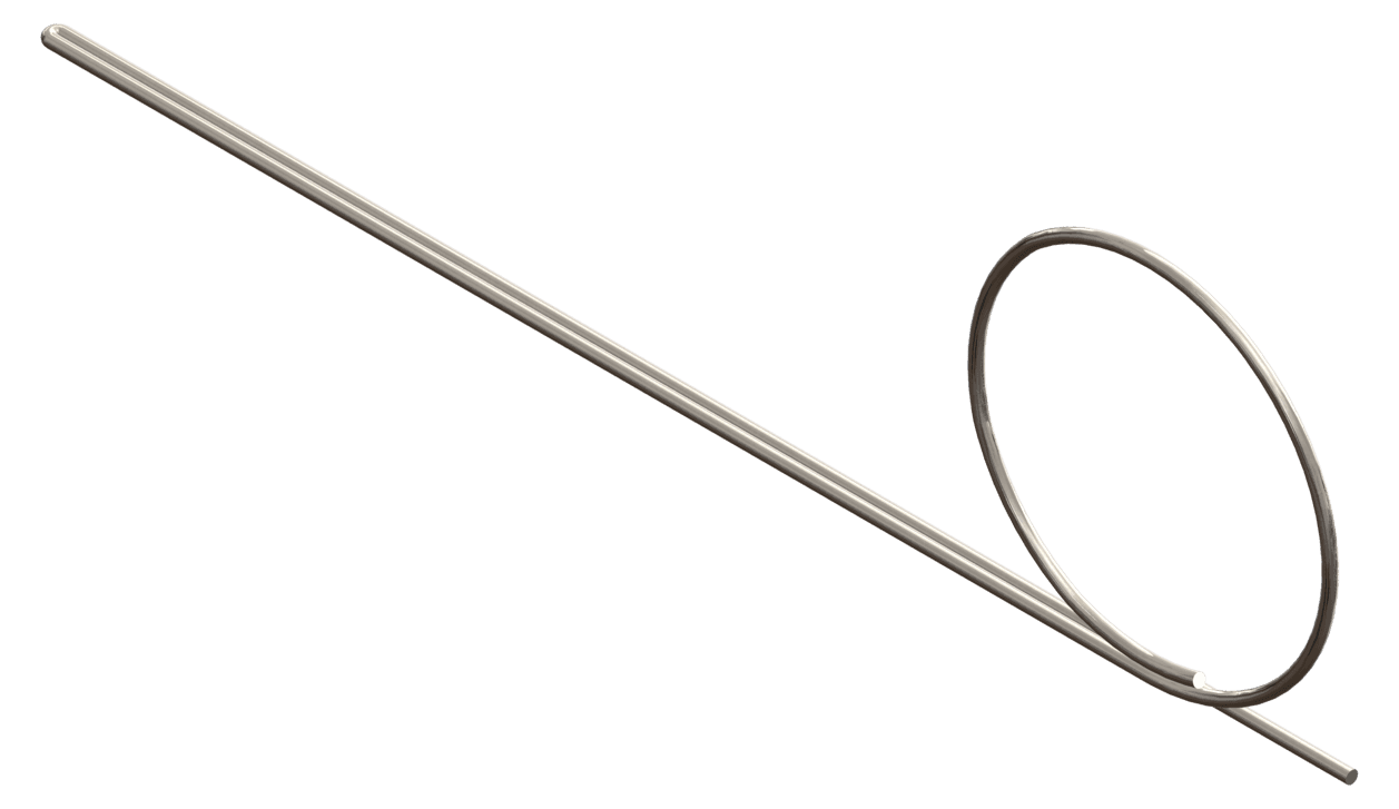 Orthodontic cane shown as a long straight stainless steel wire with a large open loop coiled at one end.