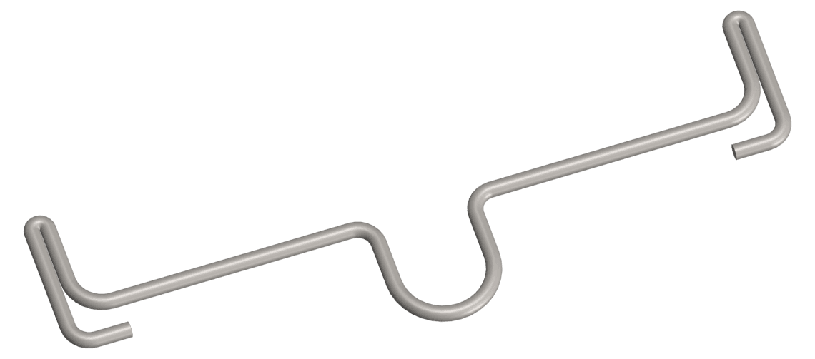 Orthodontic palatal bar formed from round wire in a long horizontal shape with a rounded U shaped loop at the center and short angled legs turned down at each end.