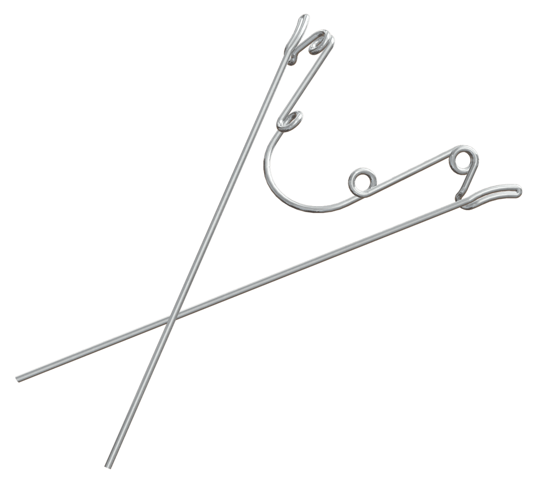 Orthodontic quad-helix arch shown at an angle with a curved upper section carrying several small round helix loops and two long straight wire legs crossing below it.