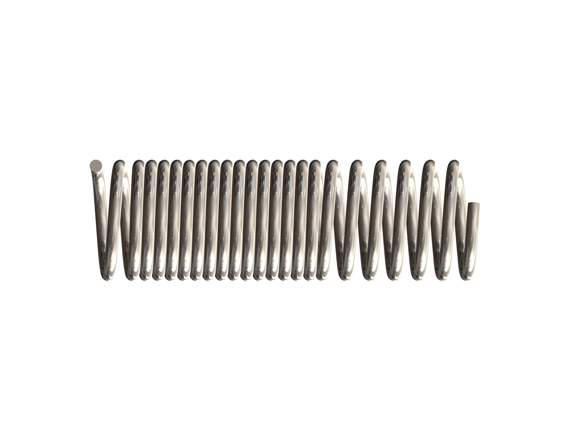 Medical extension spring shown horizontally with tightly wound coils that open into wider spacing toward one end, finished with a straight cut end on each side.