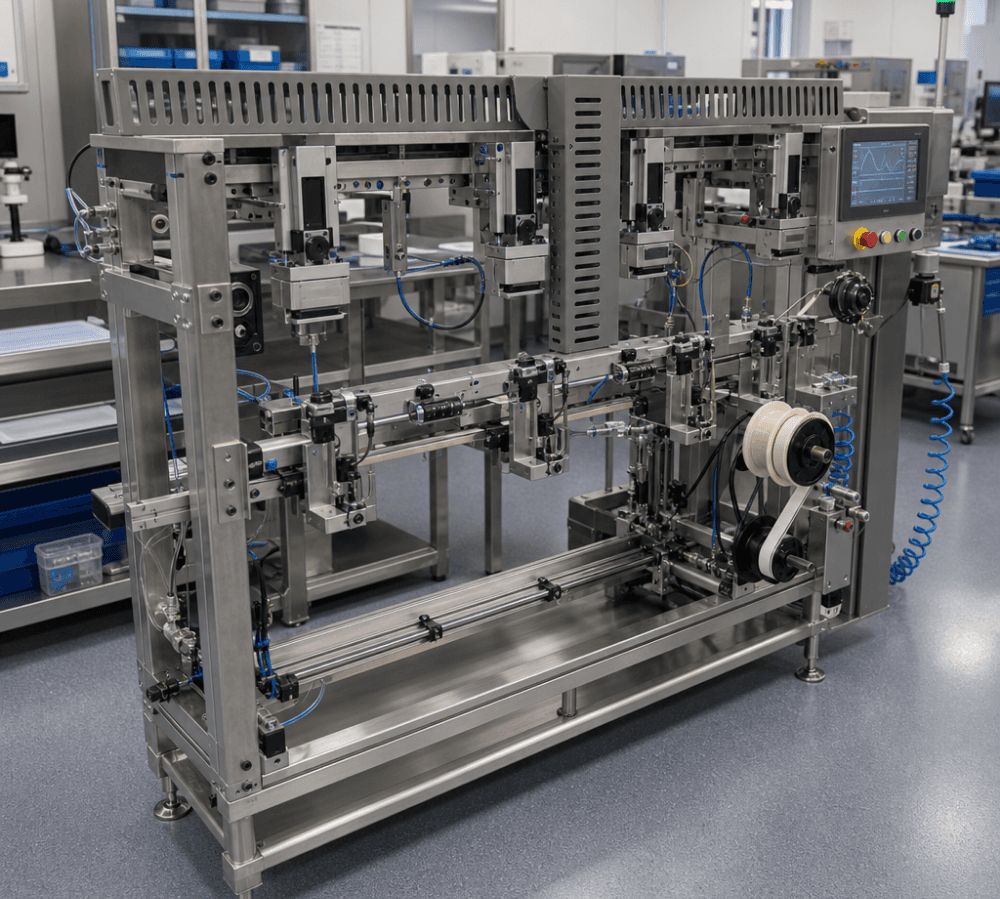 Stainless steel custom automation machine on a production floor, with pneumatic actuators along a linear track, a spool of wire, and a control panel showing a waveform.