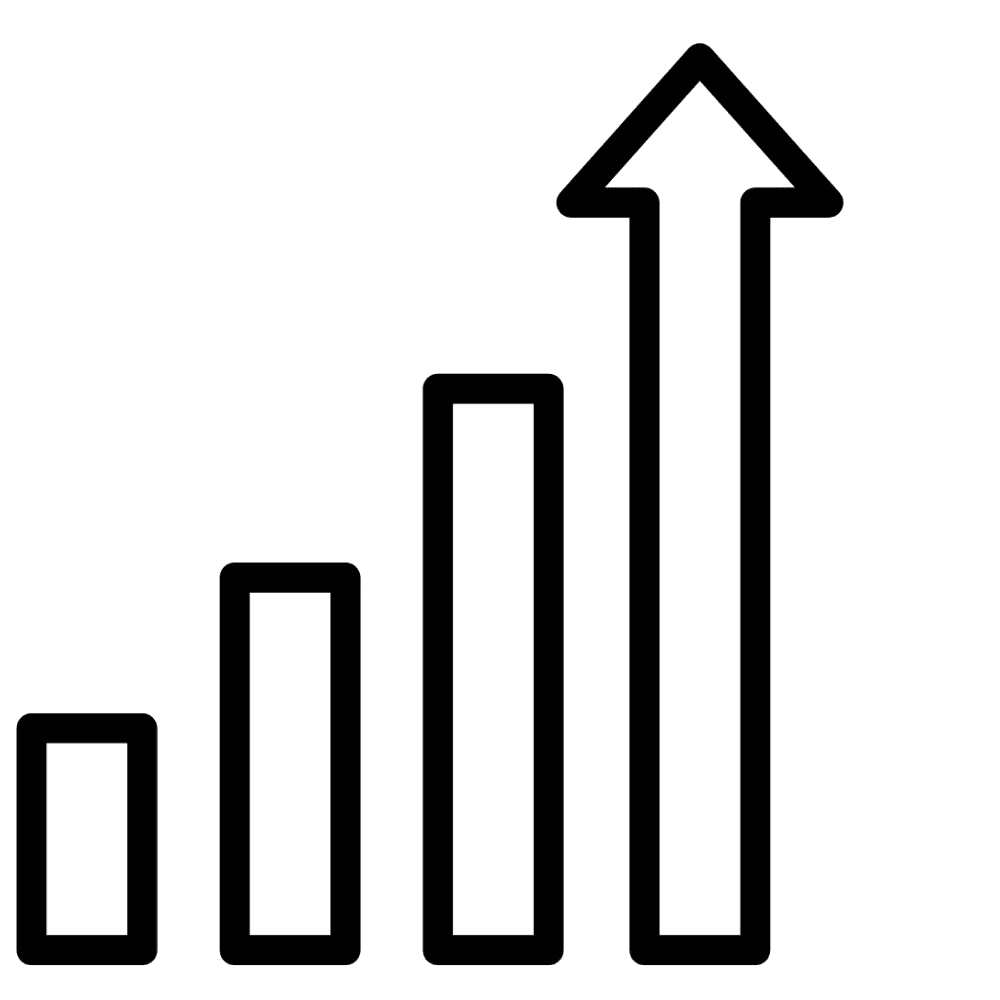 Line icon of a rising bar chart ending in an upward arrow.