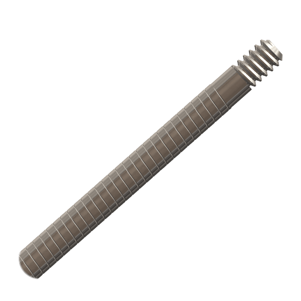 Close view of a tightly coiled guidewire tip with a threaded screw attached to the end.