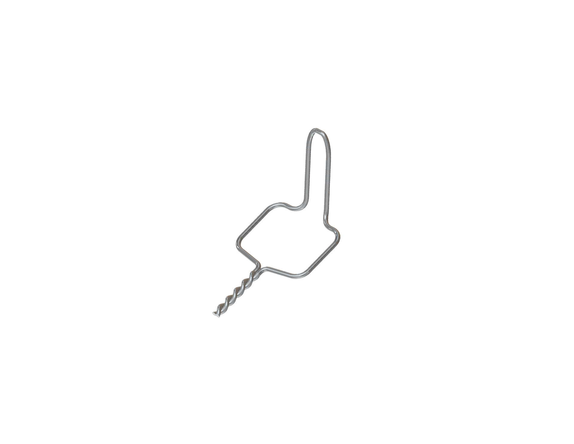 Stainless steel short twisted ligature positioned upward, with the twisted section facing left and an open square middle section with a rounded U shaped base set at 90 degrees.
