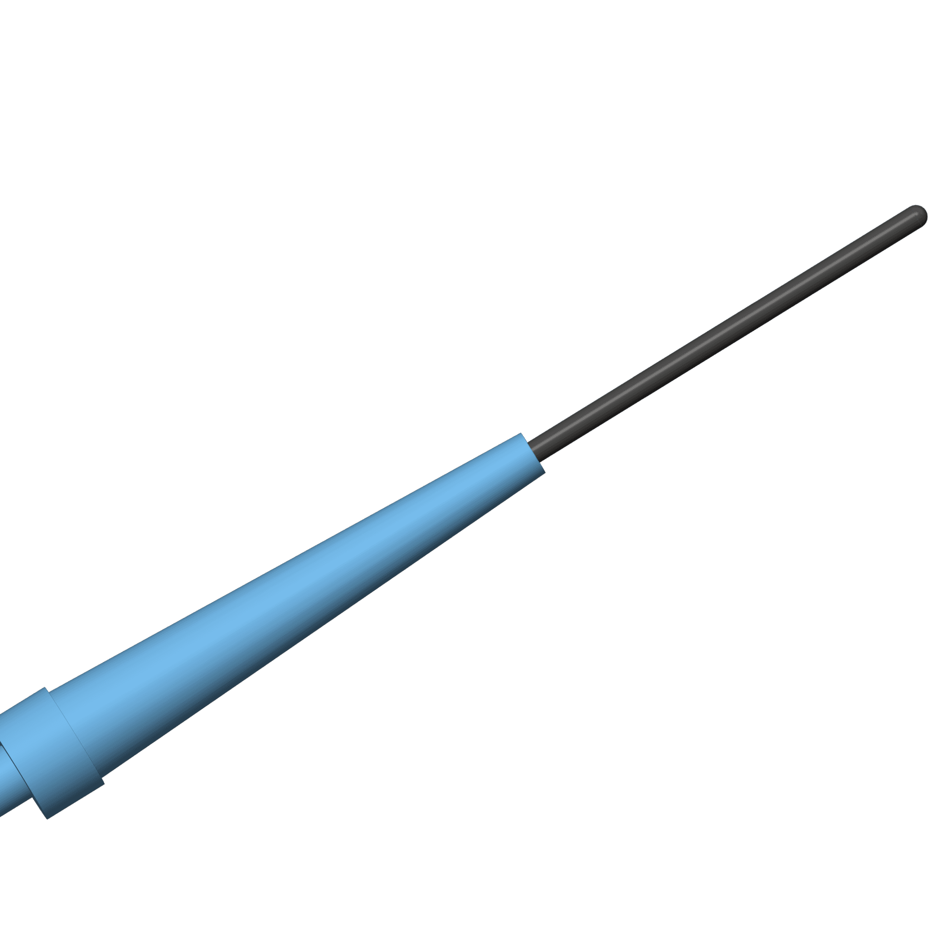 Slidewire polymer jacketed guidewire with a black jacketed distal end extending from a light blue tapered dispenser tip.