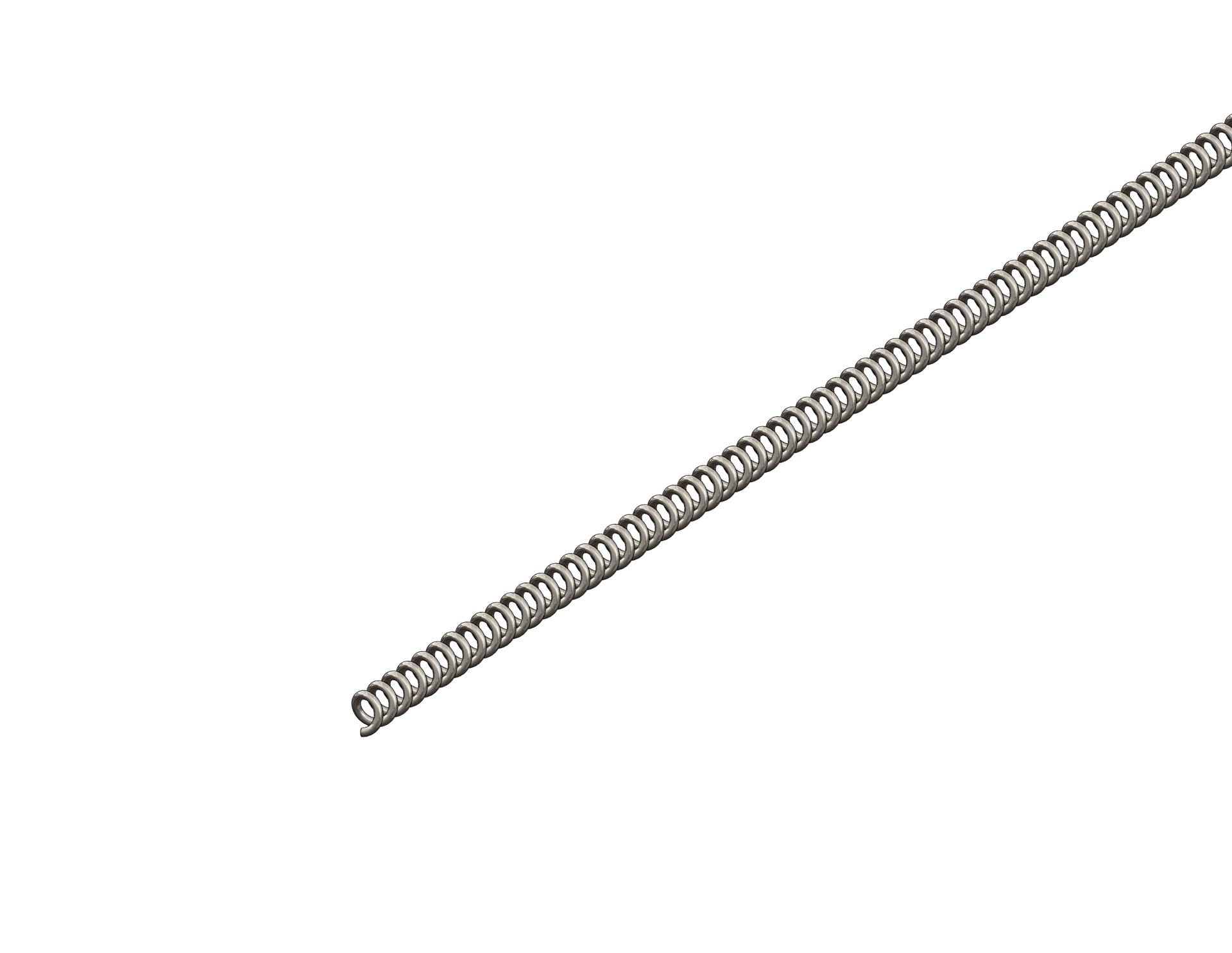 Long, right‑wound orthodontic round wire coil with uniform diameter and evenly spaced open pitch coils along its length.