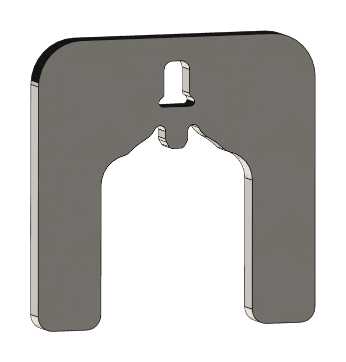 Square shaped medical stamped part with two cutouts, including a large opening extending from the base into the center and a smaller cutout in the middle top section.