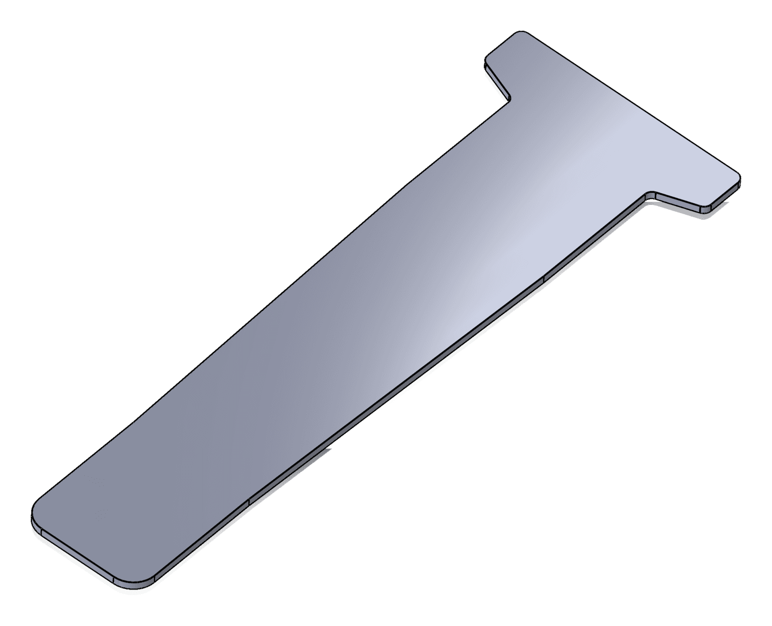 Flat T-shaped medical stamping with a long, narrow blade and a wider squared head at one end, shown at an angle with rounded corners and smooth edges.