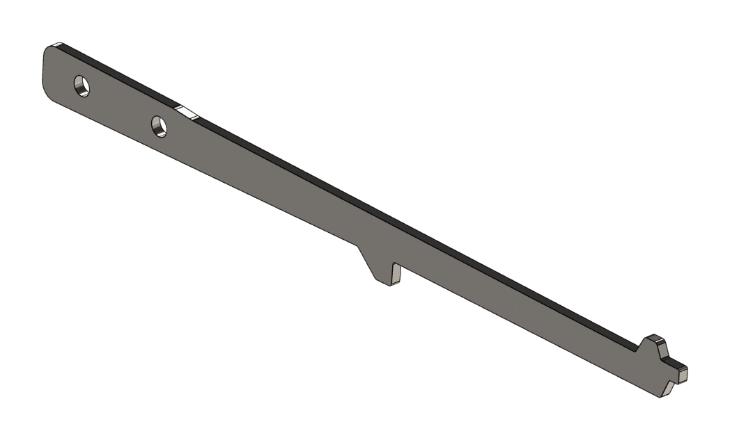 Thin, elongated metal stamping with a wide flat base, two circular cutouts near one end, and three rounded protruding sections along the top edge.