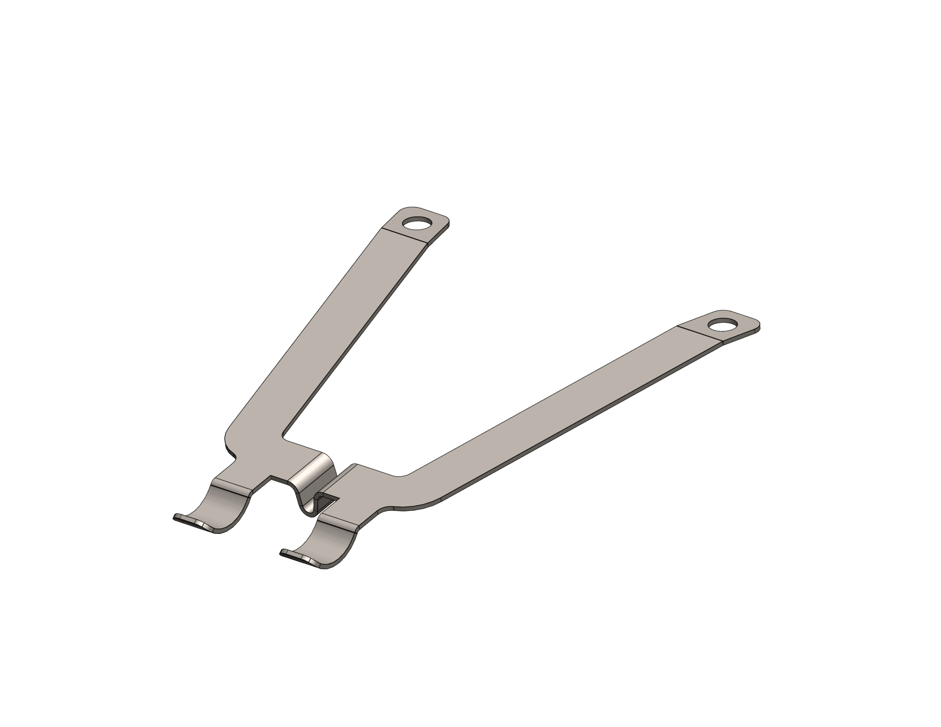 Stamped bracket with two flat arms meeting in a narrow V, each arm ending in a rounded tab with a round hole, and two formed feet turned down where the arms join.