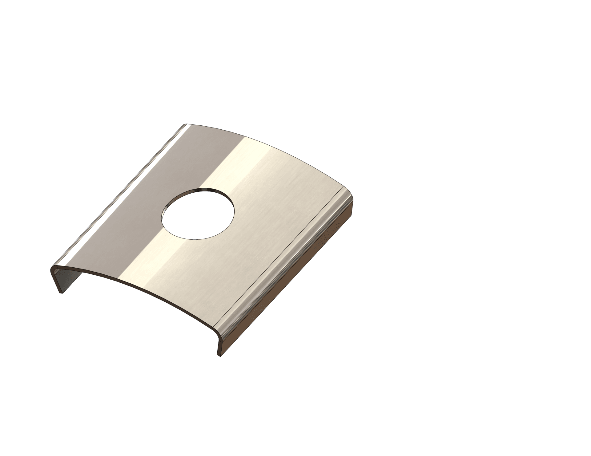 Stamped cover formed from flat stock into a shallow curved cap with straight side walls and a round hole through the center.
