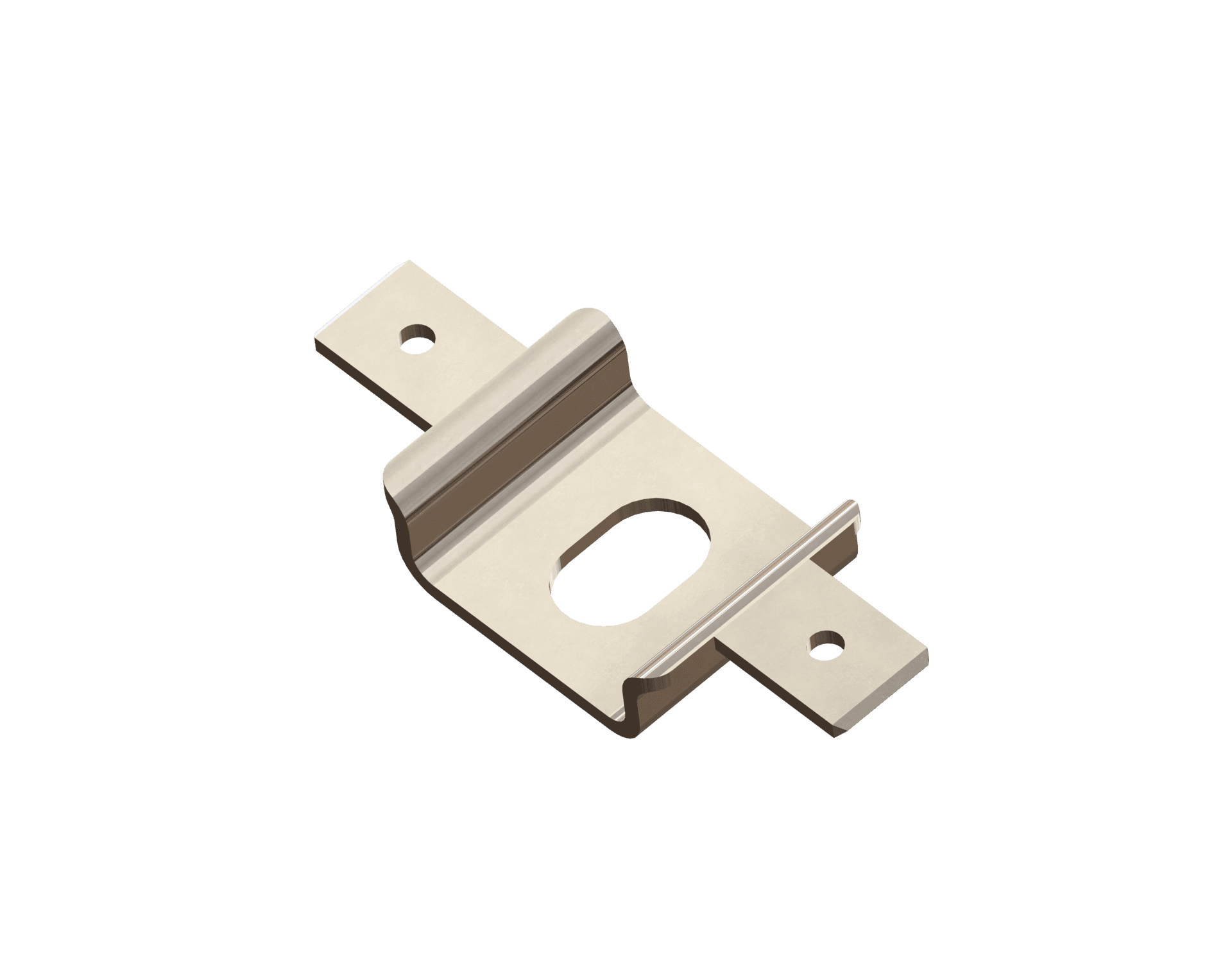 Stamped metal part featuring a square center section with an oval cutout, raised side sections that angle outward, and two smaller square tabs with circular cutouts at the midpoints.